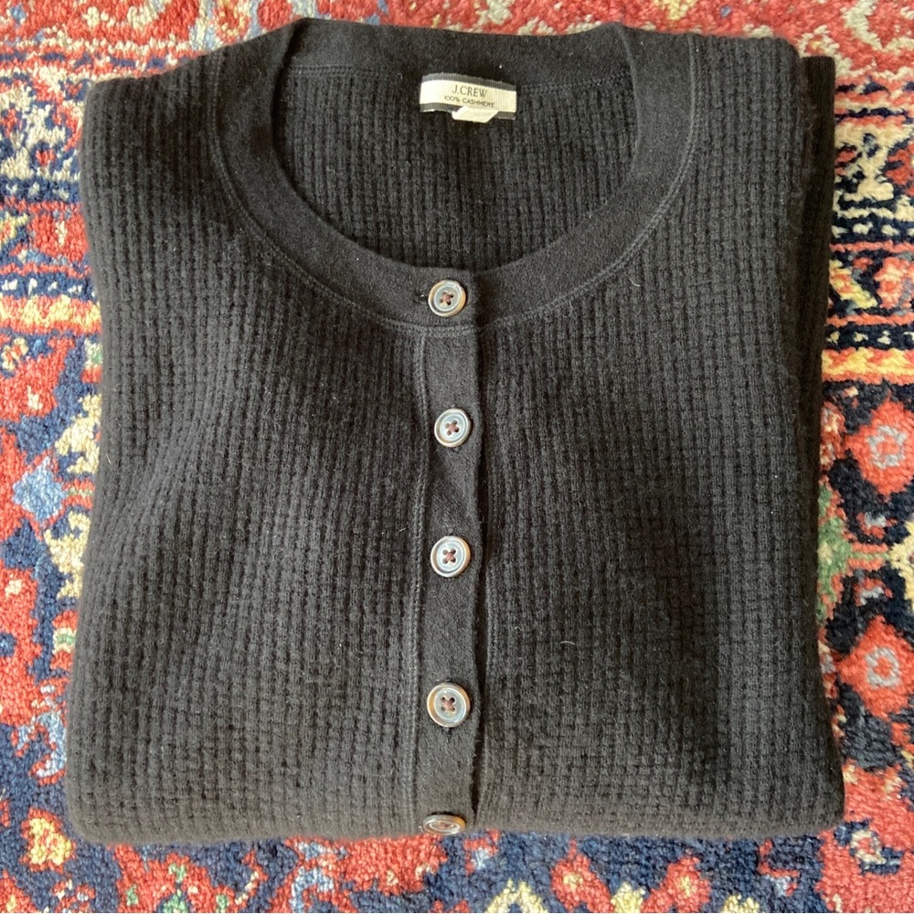 J.Crew Black Cashmere Waffle Henley Sweater Large
